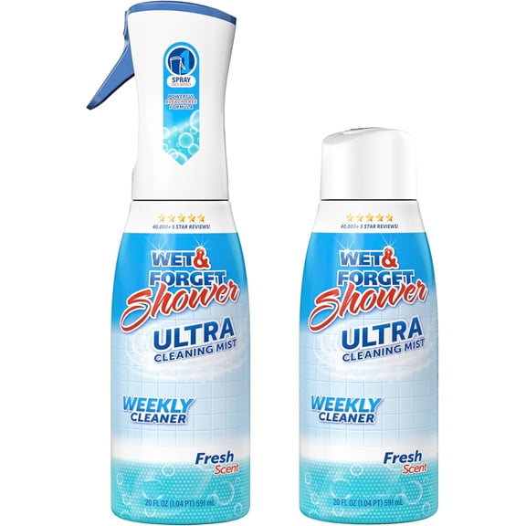 Shower Ultra Cleaner Mist Fresh Scent No-Scrub Weekly Bathroom Spray for Fiberglass, Tile, Glass, Grout & More, 1 Spray and 1 Refill, 20oz each