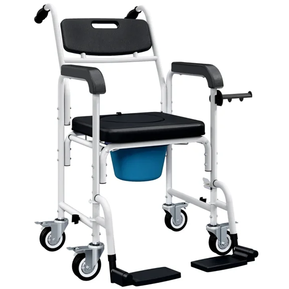 Shower Wheelchair Bedside Commode with Locking Wheels & Seat, Seat, Backrest, Arms, 330 lbs Capacity