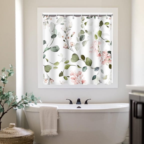 Shower Window Curtain, Sage Green Eucalyptus with Pink Floral 60x48 | Small Short Spring Watercolor Bathroom Window Curtain with Hooks, Soft and Waterproof, Machine Washable, Quick Dry