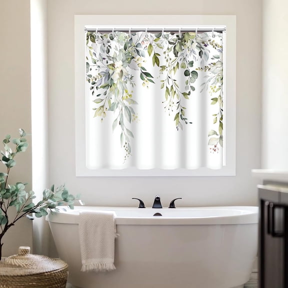 Shower Window Curtain, Watercolor Green Eucalyptus Small Short Waterproof Bathroom Window Curtain with Hooks, 30x36 Inch