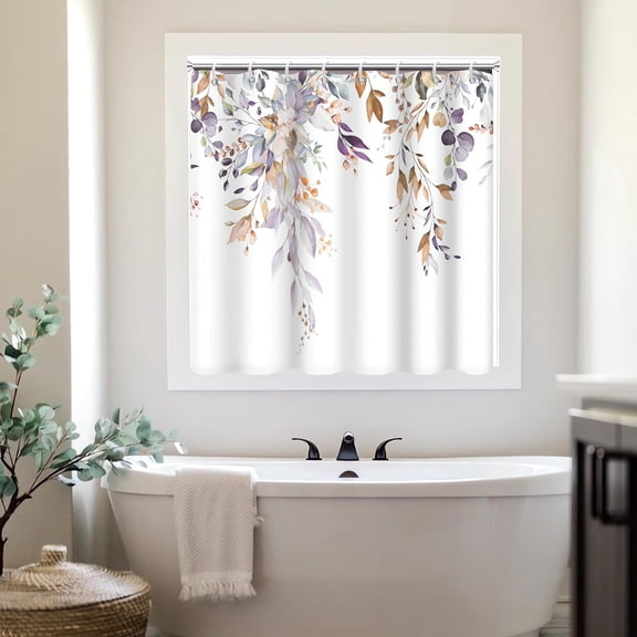 Shower Window Curtain, Watercolor Purple Eucalyptus Small Short Waterproof Bathroom Window Curtain with Hooks, 30x36 Inch