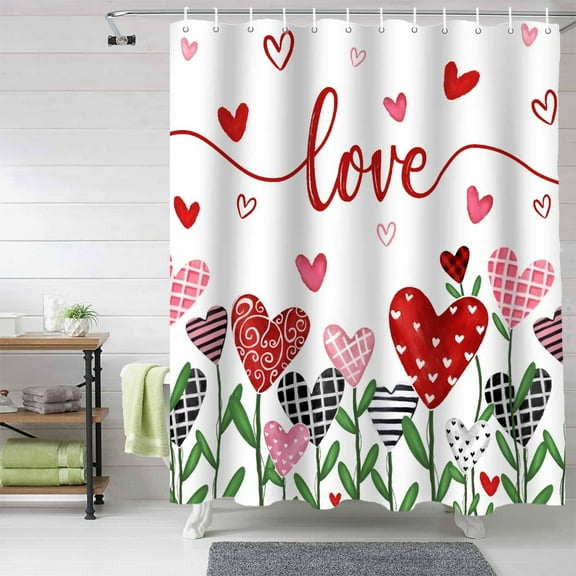 Shower curtain,Valentine's Day Shower Curtain Red Love Shower Curtains Set With Hooks Heart Leaves Fabric Bathroom Curtains Decor Accessories Long