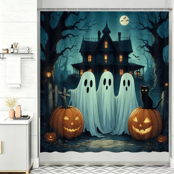 Shower curtain halloween A black cat sitting on top of a pumpkin in front of a haunted house bath curtain 72 x 72 shower curtain halloween decor restroom