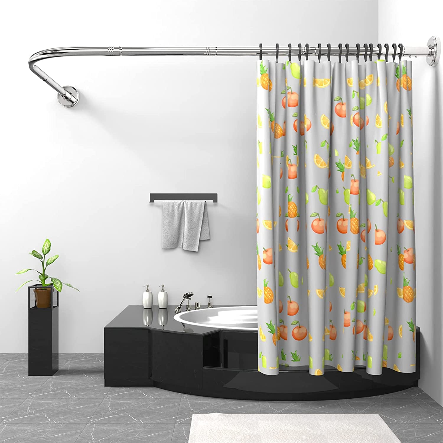 L Shaped Corner Bath Curtain Rail Bar No Drilling Adjustable Curved  Extendable Shower Curtain Tension Rod with Shower Curtain and Hooks  Telescopic