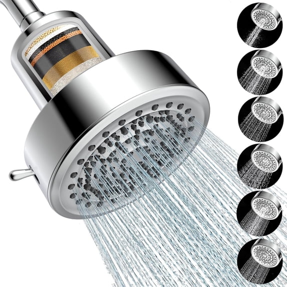 Shower head filter designed for healthy hair and skin - removes chlorine and heavy metals, high-pressure 6-mode setting shower head filter for hard water (chrome color)