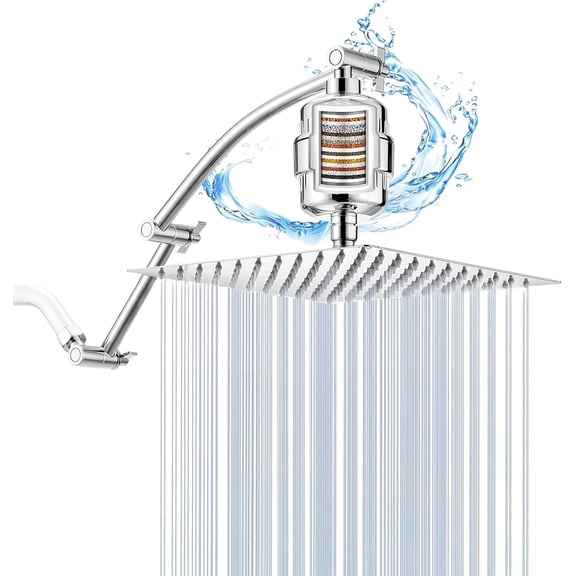 Shower head with filter, stainless steel rain filter shower head, high-pressure shower head with 16-inch shower extension arm - 20-level hard water filter - 10-inch silver