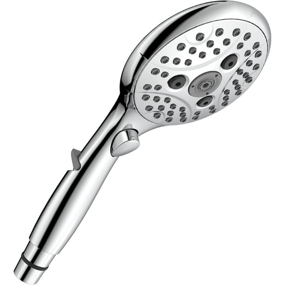 Shower head with water stop button, hand shower 7.3 l/min with 6 spray settings, on/off button, universal water saving, chrome