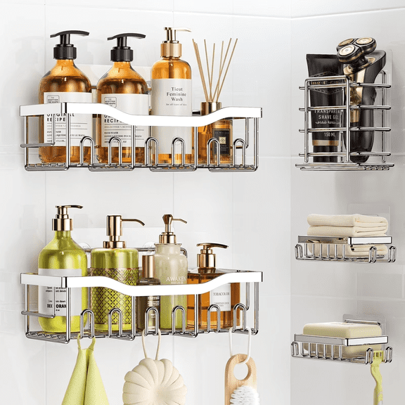 Shower stand 5 packs, no drilling, large capacity, anti-rust SUS304 stainless steel, bathroom accessories, silver