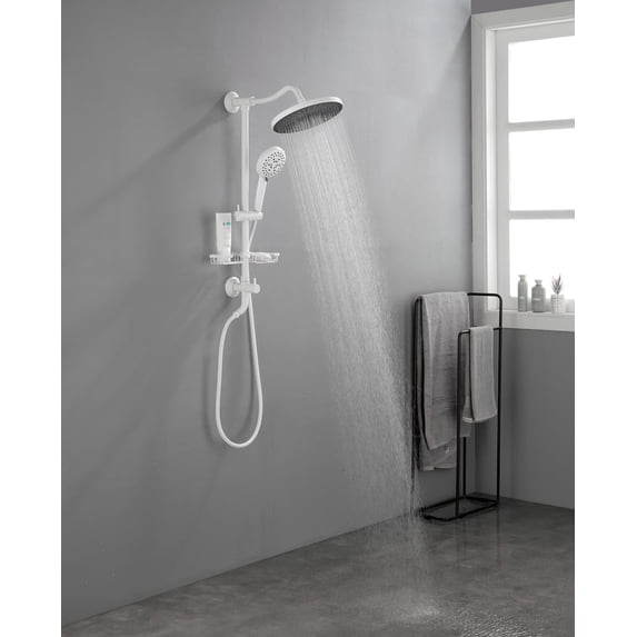 Shower system, ShowerSpas Shower System, with 10" Rain Showerhead, 4-Function Hand Shower, Adjustable Slide Bar and Soap Dish(White)