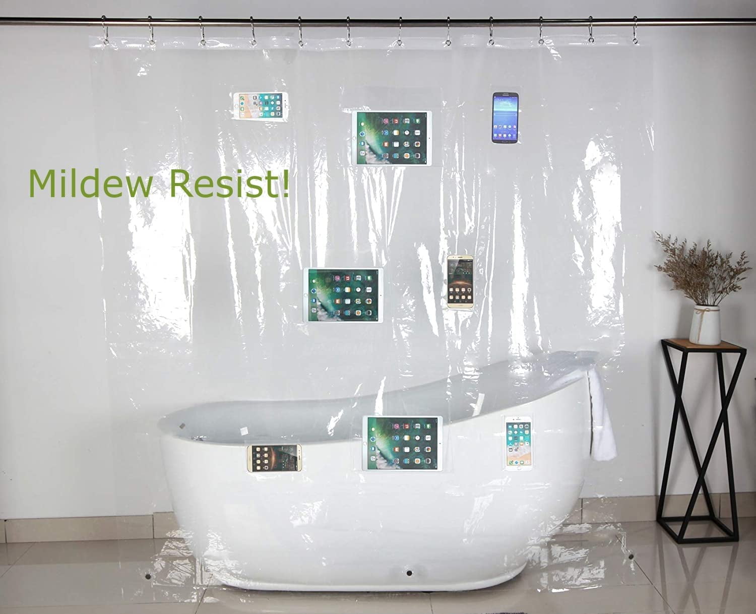 ShowerGeek Clear Shower Curtain with Pockets for Phone, Tablet, Jewelry