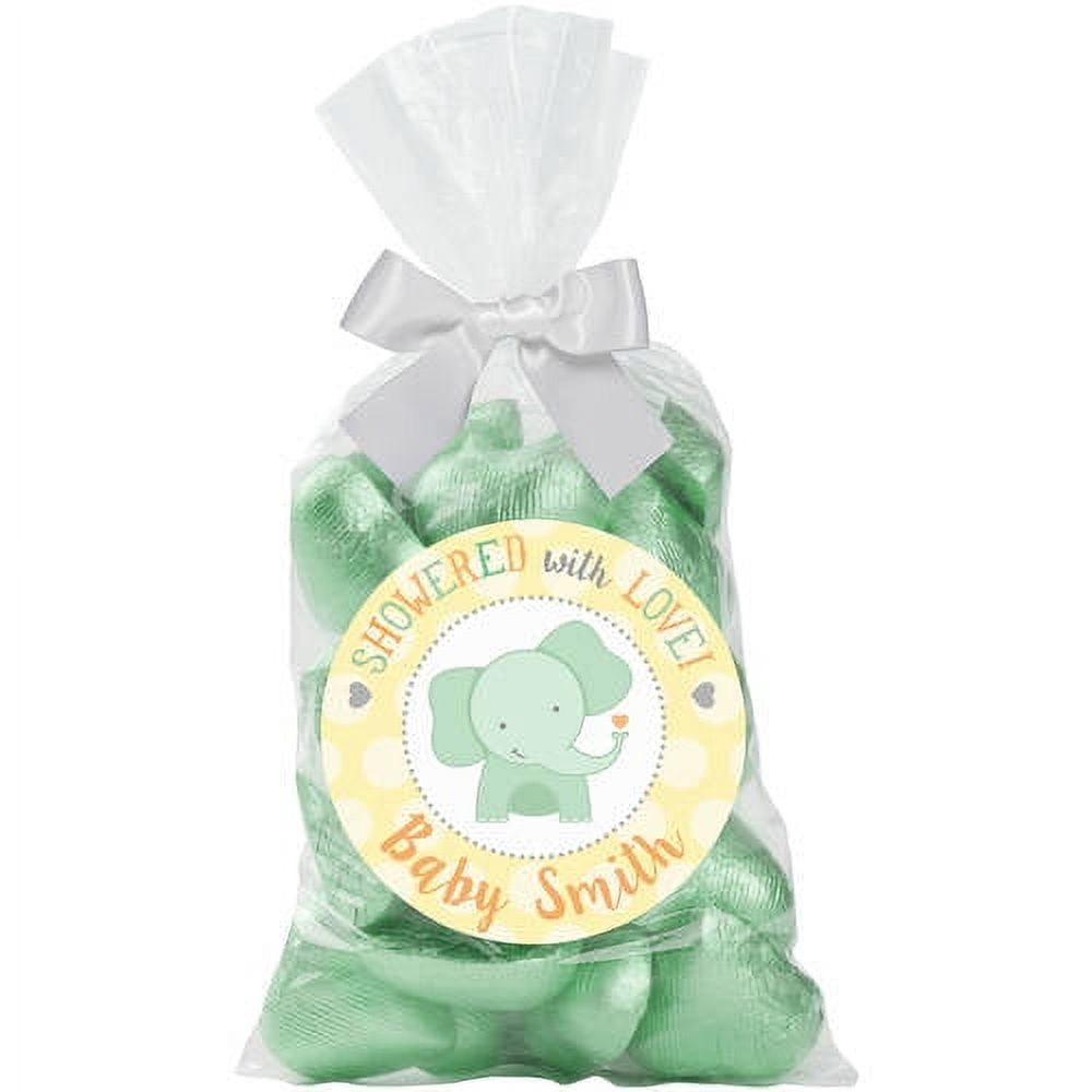 Showered with Love with Love Pink, Blue or Green Personalized 24-Piece Sticker and Treat Bag Set