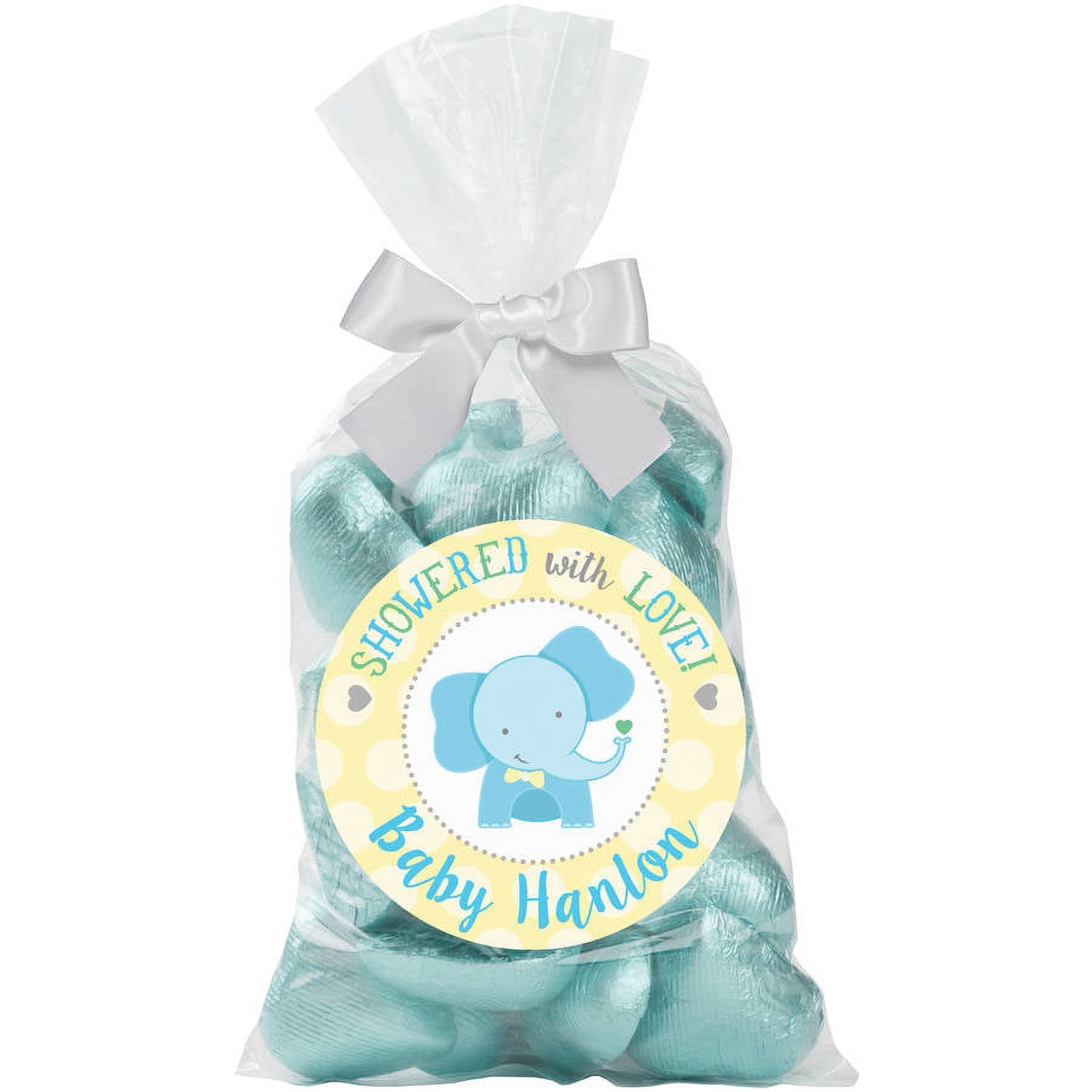 Showered with Love with Love Pink, Blue or Green Personalized 24-Piece Sticker and Treat Bag Set