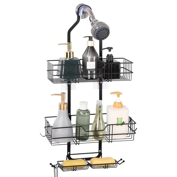Over the Showerhead Caddy, 3 - Tier Bathroom Shower Organizer with Hooks, No Drilling, Waterproof & Sturdy, Black Metal Shower Storage Rack for Shampoo, Soap, Razors