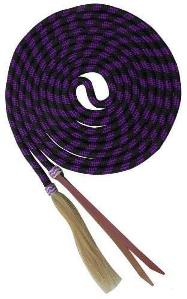 23' round nylon braided mecate reins with leather ends.