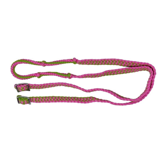 Showman 7' Long Braided Nylon Barrel Reins w/ Easy Grip Knots (Green/Pink)