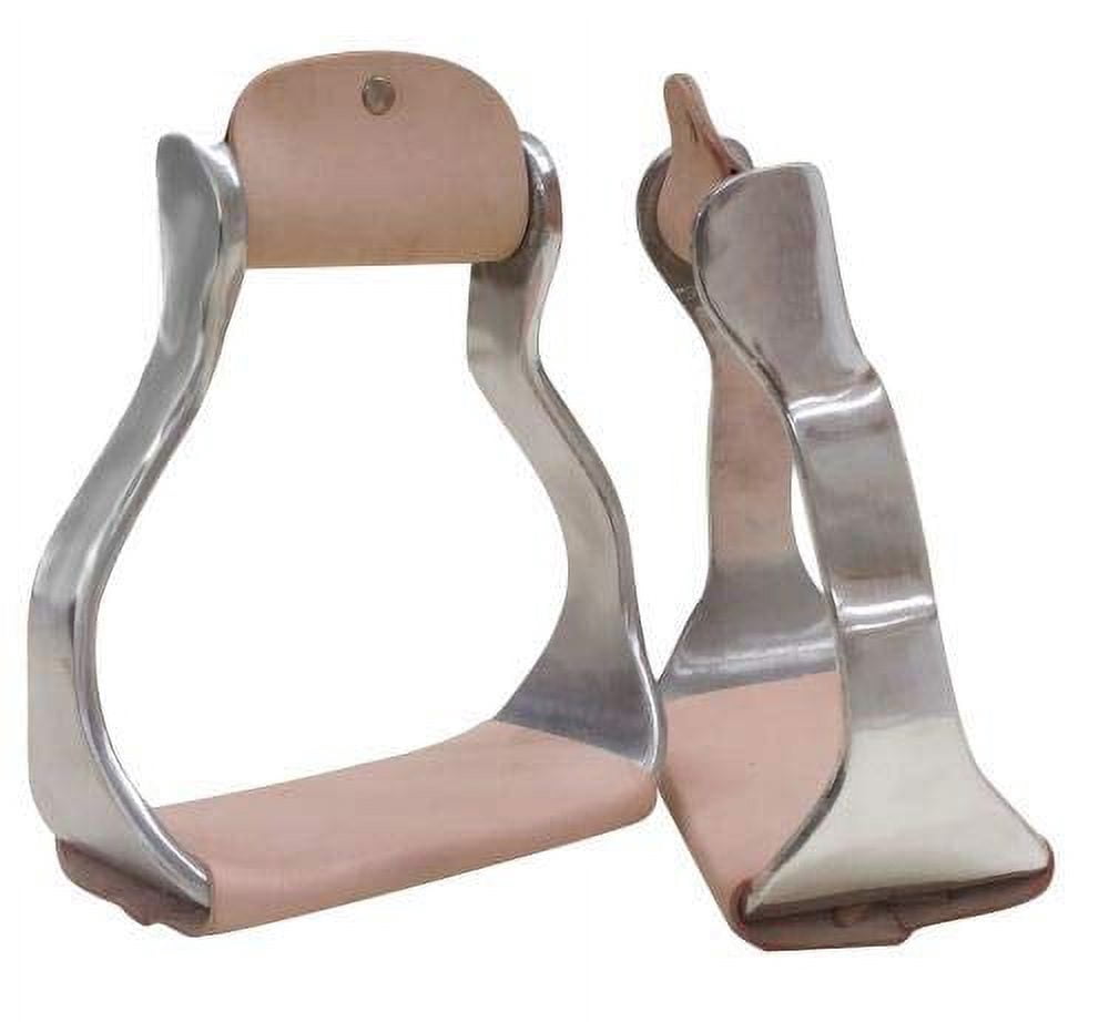 New! Showman ® Lightweight aluminum slanted pony/youth stirrups with leather tread. main image 1