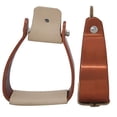 thumbnail image 1 of Showman Angled Offset Copper Colored Aluminum Stirrups w/ Leather Tread, 1 of 1
