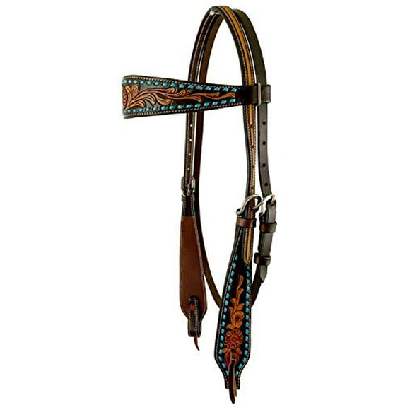 Showman Argentina Cow Leather Two-Tone Browband Headstall w/ Floral Tooling & Turquoise Rawhide Lacing