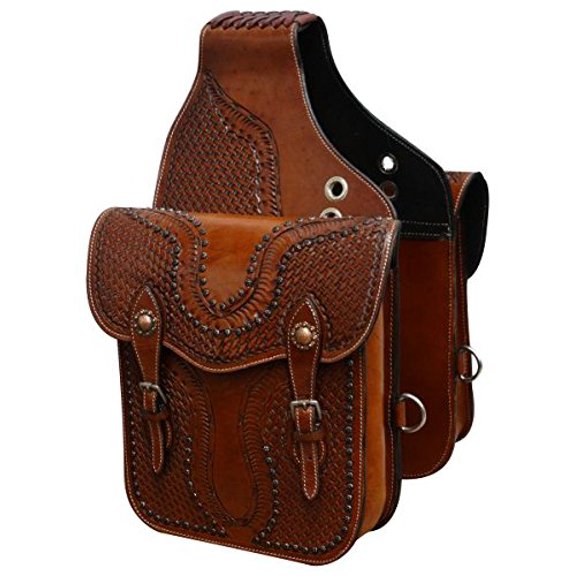 Showman Basket Weave Tooled Leather Saddle Bag w/ Antique Copper Conchos & Studs