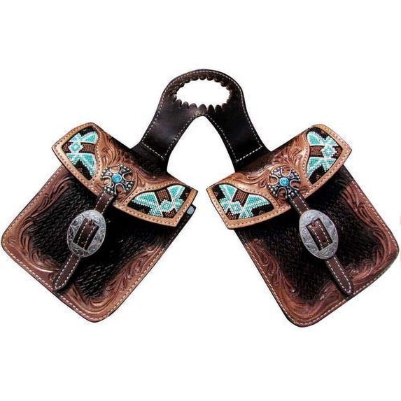 Showman Basketweave & Leaf Tooled Horn Bag w/ Beaded Inlays & Turquoise Stone Cross Conchos