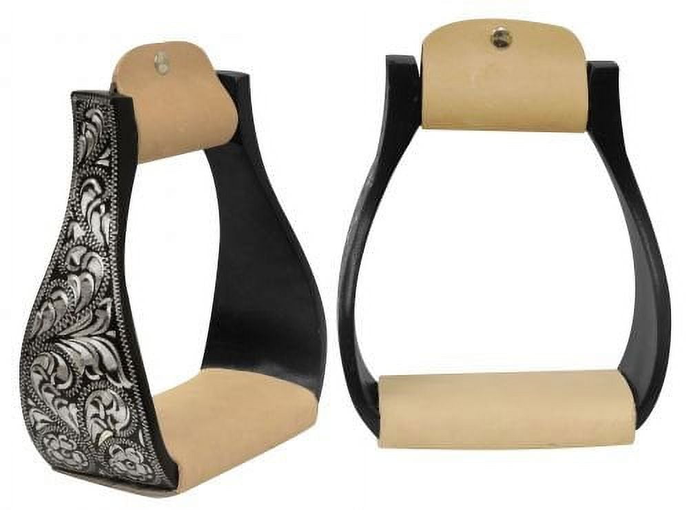 Showman ® Black Aluminum angled stirrups with skull and cross bones. main image 0
