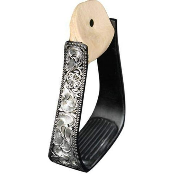 Showman Black Aluminum Stirrups w/ Silver Engraving & Removable Rubber Grip Tread