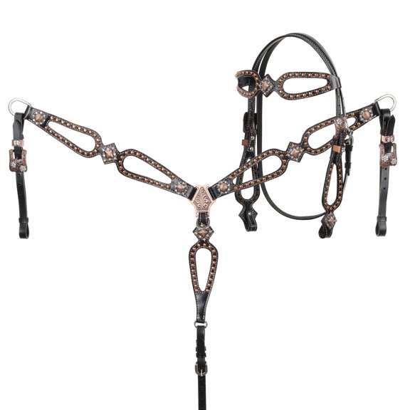 Showman Black Leather Headstall & Breast Collar Set w/ Copper Studs Conchos