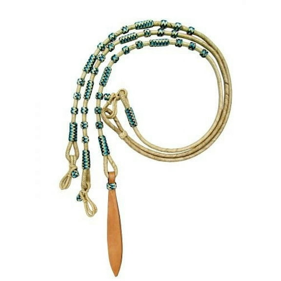 Showman Braided Natural Rawhide Romal Reins w/ Blue Rawhide Beads & Leather Popper