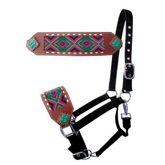 Showman Bronc Halter w/ Green & Pink Southwest Beaded Design