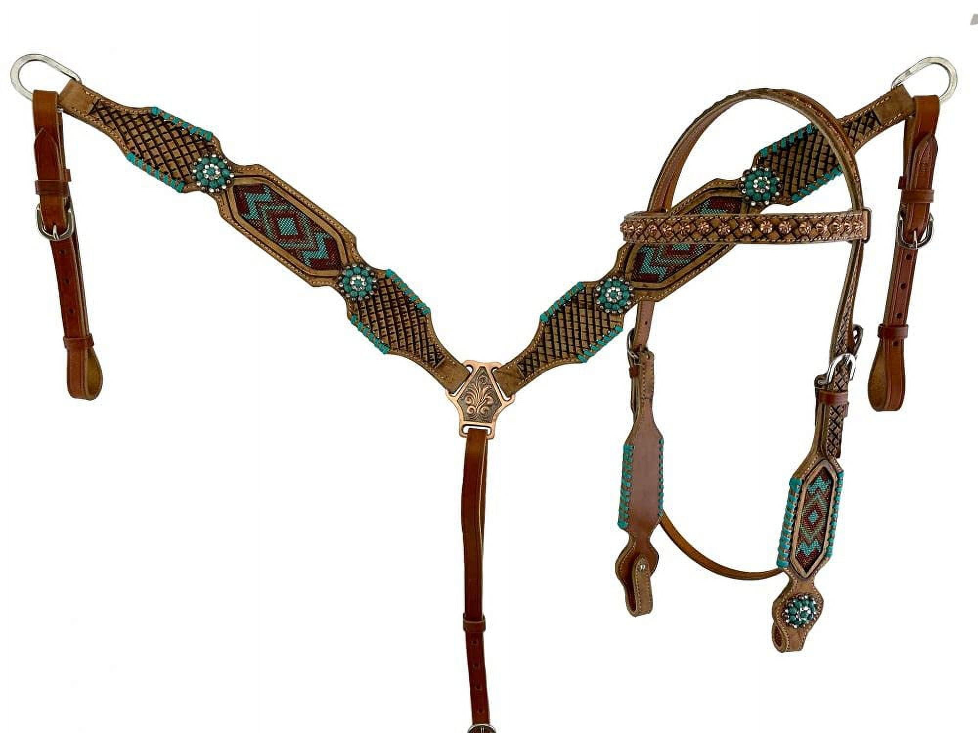 NEW! Showman ® Cowhide inlay browband headstall and breast collar set with copper beading. main image 1