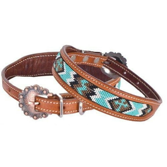 Showman Couture Cross Design Beaded Inlay Leather Dog Collar (Medium)