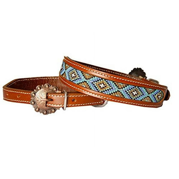 Showman Couture Genuine Leather Dog Collar w/ Periwinkle, Gold & Mint Beaded Inlay (Medium)