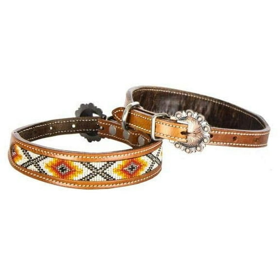 Showman Couture Genuine Leather Dog Collar w/ Red, Orange & Yellow Beaded Inlay (Medium)