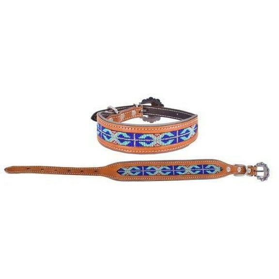 Showman Couture Genuine Leather Dog Collar w/ Royal Blue Beaded Inlay (Medium)