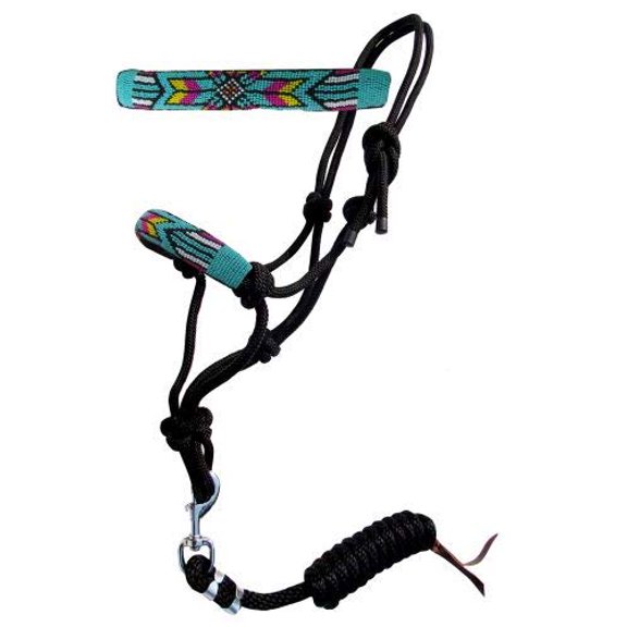 Showman Cowboy Knot Rope Halter w/ Bright Multi Color Beaded Southwest Design Noseband