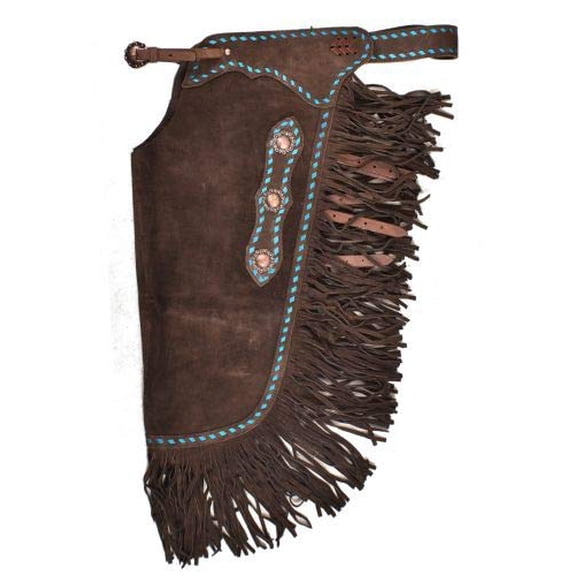 Showman Dark Brown Suede Leather Chinks w/ Turquoise Buckstitch