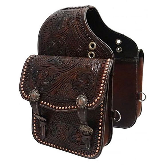 Showman Dark Oil Tooled Leather Saddle Bag w/ Engraved Antique Bronze Conchos & Buckles