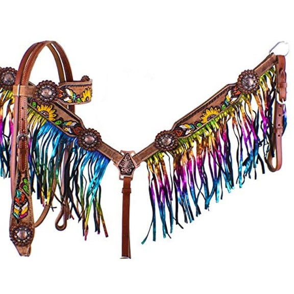Showman Feather, Sunflower & Cactus Headstall & Breast Collar Set w/ Metallic Rainbow Fringe