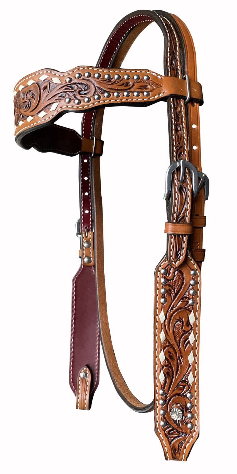 NEW! Leather double stitched tooled browband headstall. main image 1