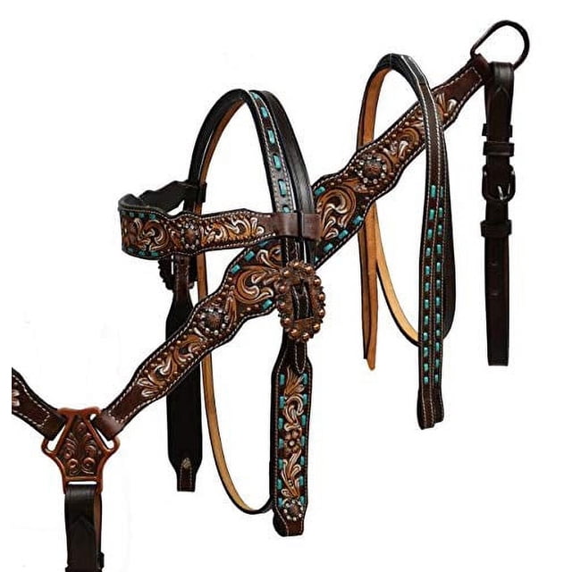 NEW! Showman Cut- out teal painted feather headstall and breast collar main image 1