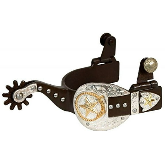 Showman Ladies Antique Brown Silver Buckle Tip & Keeper Spurs w/ Gold Stars & Lasso Accents