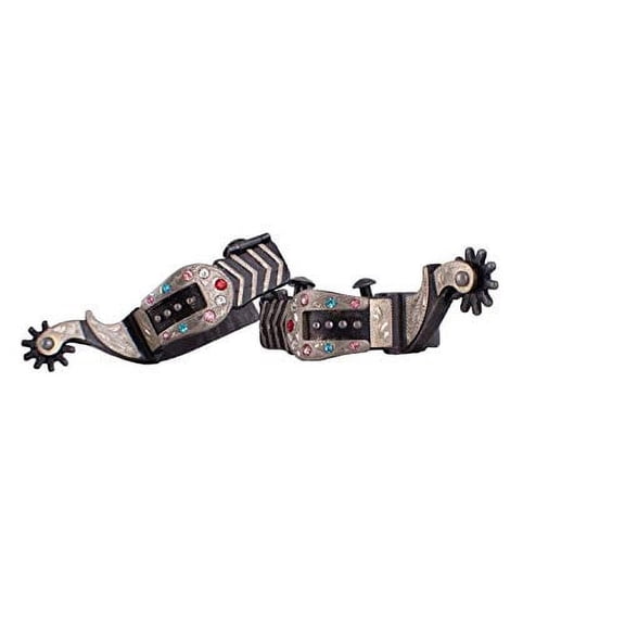 Showman Ladies Antique Gray Steel Spurs w/ Engraved Silver Overlay & Buckle Tip w/ Multicolor Rhinestones