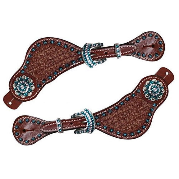 Showman Ladies Basket Weave Tooled Leather Spur Straps w/ Rhinestones