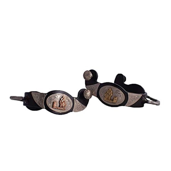 Showman Ladies Black Steel Bumper Spurs w/ Copper/Gold Barrel Racer & Engraved Silver Overlay