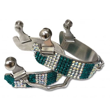 NEW! Showman Men's size brown steel spur with silver desert overlay and teal marble studs main image 1