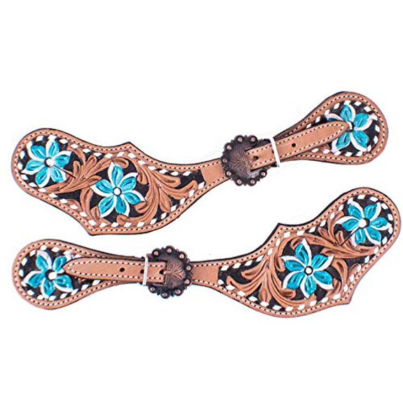 Showman Ladies Hand Painted Turquoise Flower Leather Spur Straps