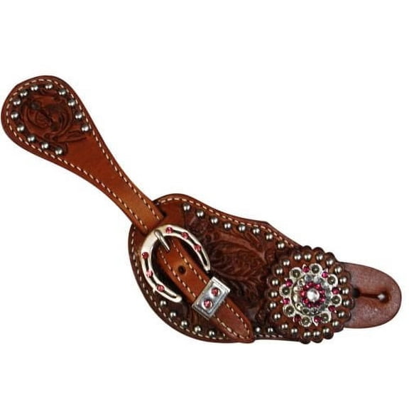 Showman Ladies Leather Spur Straps w/ Acorn Tooling & Pink Crystal Rhinestones
