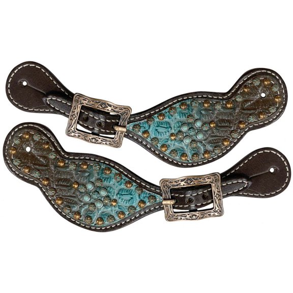 Showman Ladies Leather Spur Straps w/ Brown & Teal Alligator Overlay
