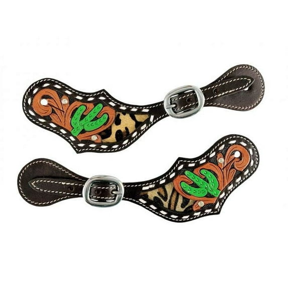 Showman Ladies Leather Spur Straps w/ Cactus & Hair-On Cheetah Inlay