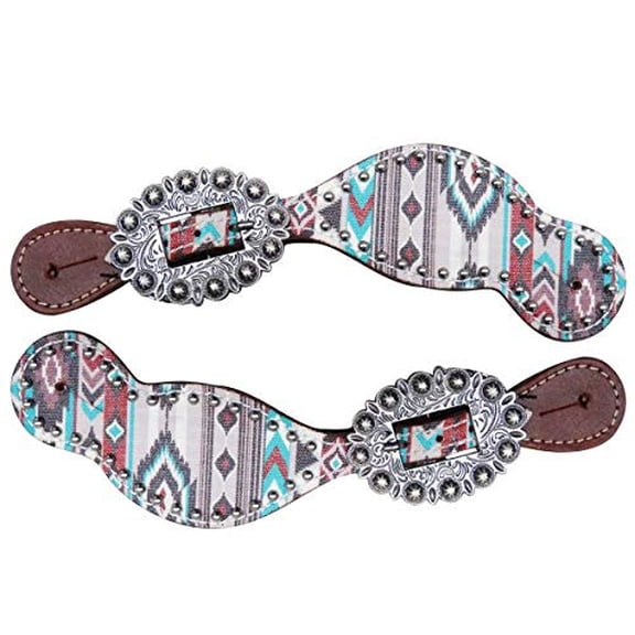 Showman Ladies Leather Spur Straps w/ Multi-Colored Southwest Diamond Print